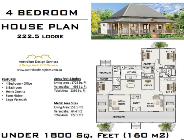 4 Bedroom + 3 Bath House Plan:222.8